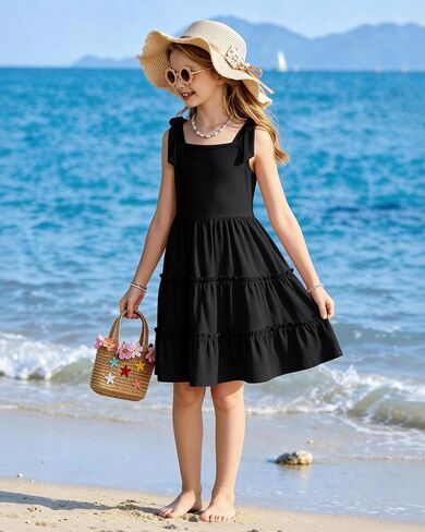 Girls Summer Dress Bowknot Strap Sleeveless Party Dress Casual Swing Flowy Ruffle Tiered Sundresses 5-14Y in Saudi Arabia