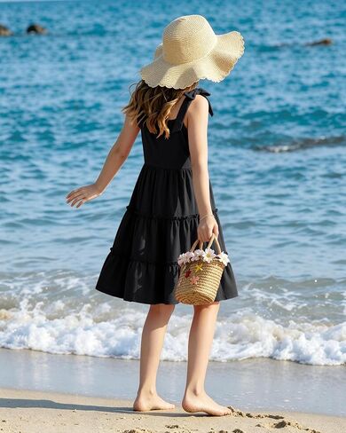Girls Summer Dress Bowknot Strap Sleeveless Party Dress Casual Swing Flowy Ruffle Tiered Sundresses 5-14Y in Saudi Arabia