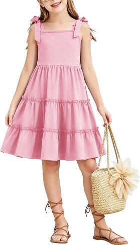 Girls Summer Dress Bowknot Strap Sleeveless Party Dress Casual Swing Flowy Ruffle Tiered Sundresses 5-14Y in Saudi Arabia