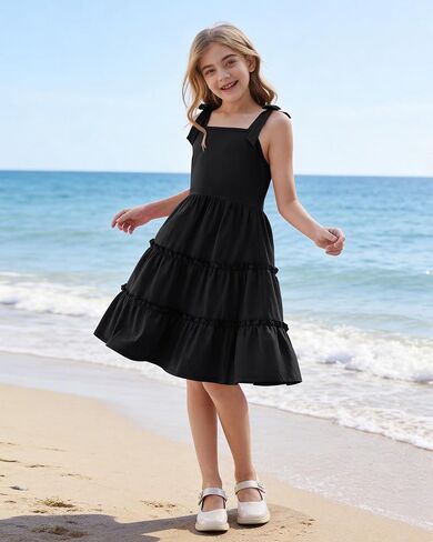 Girls Summer Dress Bowknot Strap Sleeveless Party Dress Casual Swing Flowy Ruffle Tiered Sundresses 5-14Y in Saudi Arabia