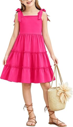 Girls Summer Dress Bowknot Strap Sleeveless Party Dress Casual Swing Flowy Ruffle Tiered Sundresses 5-14Y in Saudi Arabia