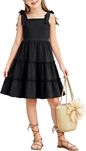 Girls Summer Dress Bowknot Strap Sleeveless Party Dress Casual Swing Flowy Ruffle Tiered Sundresses 5-14Y in Saudi Arabia