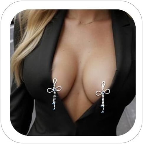 1 Pair Non Piercing Nipple Jewelry Noose Rhinestone Bow Nipple Ring Fake Nipple Piercing Body Chain for Women in Saudi Arabia