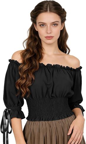 Women's Renaissance Off Shoulder Blouse - Medieval Peasant Top with Puff Sleeves Smocked Waist for Ren Faire in Saudi Arabia