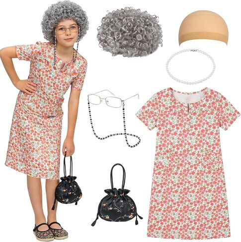Old Lady Costume for Women, 100 Days of School Old Lady Costume for Girls Granny Costume Accessories with Gray Wig Wig Cap Glasses with Chains Necklace Handbag and Grandma Dress for Cosplay Outfits in Saudi Arabia