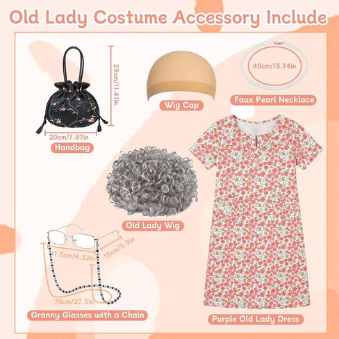 Old Lady Costume for Women, 100 Days of School Old Lady Costume for Girls Granny Costume Accessories with Gray Wig Wig Cap Glasses with Chains Necklace Handbag and Grandma Dress for Cosplay Outfits in Saudi Arabia