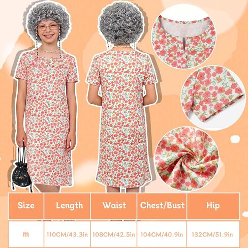Old Lady Costume for Women, 100 Days of School Old Lady Costume for Girls Granny Costume Accessories with Gray Wig Wig Cap Glasses with Chains Necklace Handbag and Grandma Dress for Cosplay Outfits in Saudi Arabia