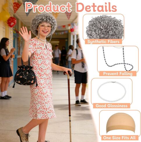 Old Lady Costume for Women, 100 Days of School Old Lady Costume for Girls Granny Costume Accessories with Gray Wig Wig Cap Glasses with Chains Necklace Handbag and Grandma Dress for Cosplay Outfits in Saudi Arabia