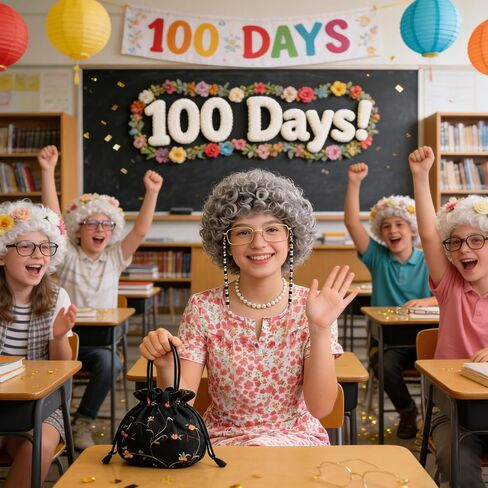 Old Lady Costume for Women, 100 Days of School Old Lady Costume for Girls Granny Costume Accessories with Gray Wig Wig Cap Glasses with Chains Necklace Handbag and Grandma Dress for Cosplay Outfits in Saudi Arabia
