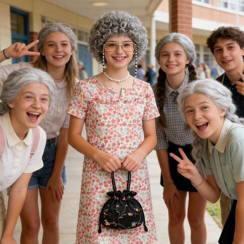Old Lady Costume for Women, 100 Days of School Old Lady Costume for Girls Granny Costume Accessories with Gray Wig Wig Cap Glasses with Chains Necklace Handbag and Grandma Dress for Cosplay Outfits in Saudi Arabia