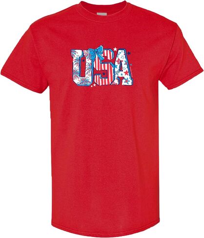 Southern Couture Soft Collection Women's Graphic T-Shirt – USA Patriotic Fireworks Bow Design, Red Cotton Tee in Saudi Arabia