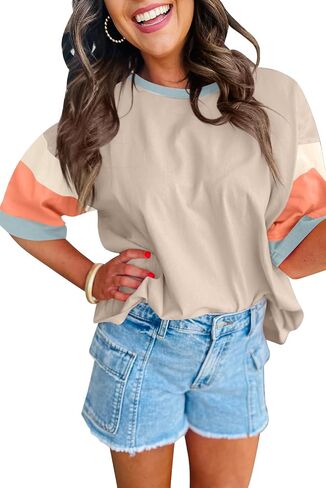 تي شيرت نسائي Chvity Colorblock برقبة دائرية وأكمام قصيرة بلوفر للربيع والصيف كاجوال مرقعة in Kuwait