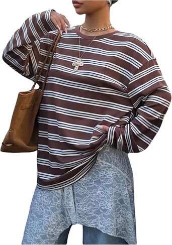 OYOANGLE Women's Striped Long Sleeve T Shirts Crewneck Oversized Spring Y2k Going Out Tee Shirts in Kuwait