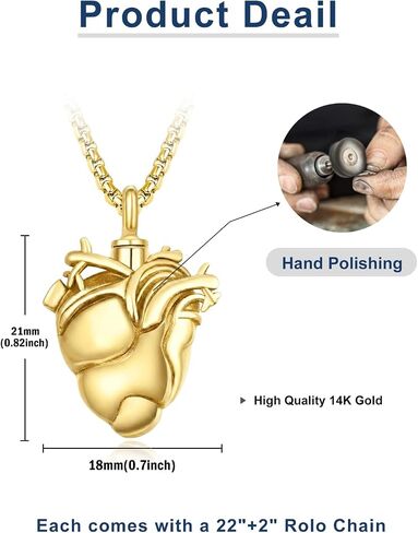 Cremation Urn Necklace for Ashes 14K Gold Keepsake Pendant, Memorial Jewelry Gifts for Loss of Someone with 2.5mm 22"+2" Rolo Chain in Saudi Arabia