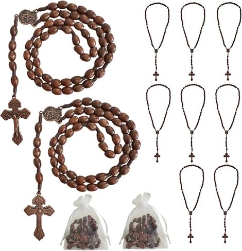 BONITTER 3PCS/10PCS/25PCS Baptism Favor Saint Michael Archange Pocket Rosary with Organza Bags, Handmade Wooden Beads Cross Necklace, Catholic Christian Prayer Gift in Saudi Arabia