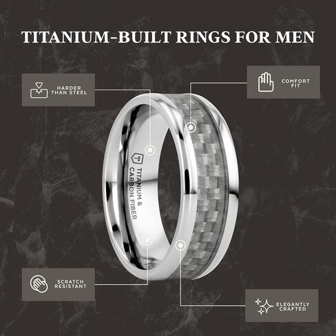 Thorsten TANTALUS Beveled Edge Titanium Ring with White Carbon Fiber Inlay - 8mm in Kuwait
