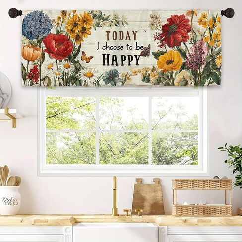 Vintage Rustic Flower Kitchen Valance Curtains, Farmhouse Blossom Light-Filtering Window Treatment, Retro Country Botanical Plant Rod Pocket Drapes Valance (1 Panel, 54 x 18 in) in Saudi Arabia