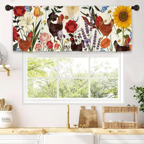Vintage Rustic Flower Kitchen Valance Curtains, Farmhouse Blossom Light-Filtering Window Treatment, Retro Country Botanical Plant Rod Pocket Drapes Valance (1 Panel, 54 x 18 in) in Kuwait