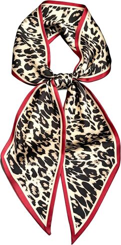 Fashion Leapard wth Red Trim Long Skinny Satin Silk Feel Scarf for Neck Hair Bag Purse 59X5.5 in Saudi Arabia