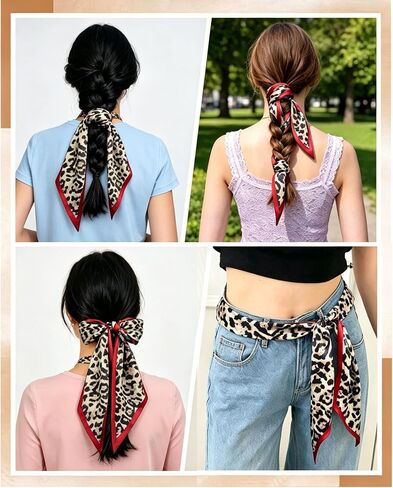 Fashion Leapard wth Red Trim Long Skinny Satin Silk Feel Scarf for Neck Hair Bag Purse 59X5.5 in Saudi Arabia