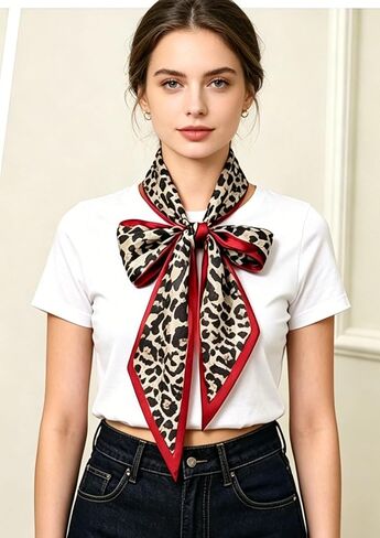Fashion Leapard wth Red Trim Long Skinny Satin Silk Feel Scarf for Neck Hair Bag Purse 59X5.5 in Saudi Arabia