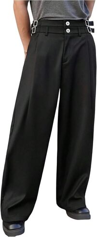 OYOANGLE Men's Pleated Dress Pants Wide Leg Double Buckle Button Baggy Pants with Pockets in Kuwait