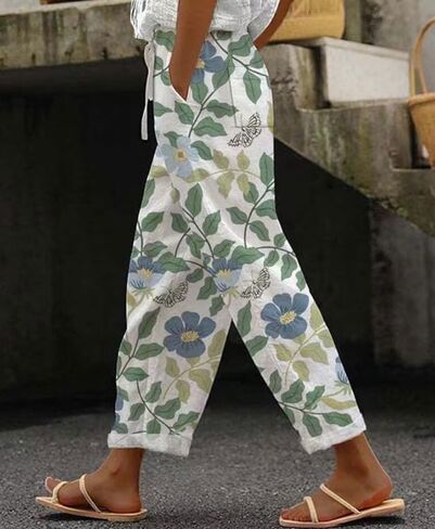 Women's Capri Pants with Pocket Linen Cotton Like High Waist Flowy Elastic Loose Fit Travel Summer Boho Gauze Pants in Kuwait