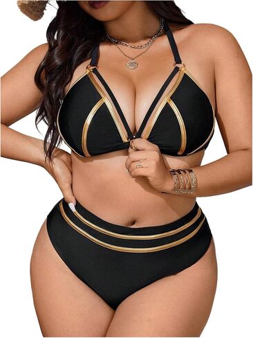 WDIRARA Women's Plus Size 2 Piece Bikini Sets Metallic Halter Triangle Swimsuit High Waisted Bathing Suit in Kuwait