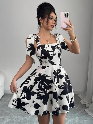 Women's Floral Print Square Neck Mini Dress Bow Tie Strap A-Line Flared Swing Dress for Summer Casual Parties in Kuwait