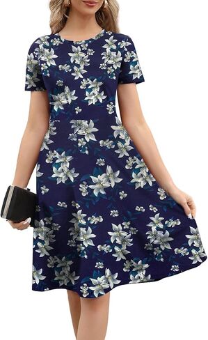 Women's 2026 Fit and Flare Dress Summer Casual Elegant Vintage Floral Printed Work Party A-line Dress with Pockets DS162 in Kuwait