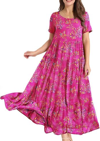 ANN CREEK Women Casual Loose Bohemian Floral Dress with Pockets Short Sleeve Long Maxi Summer Beach Swing Dress in Saudi Arabia