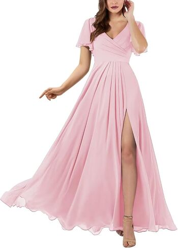 Women's V Neck Bridesmaid Dresses with Sleeves 2025 Long A-Line Chiffon Wedding Formal Evening Gown with Pockets in Saudi Arabia