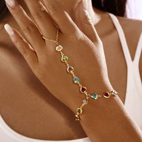 Colorful Minimalist Heart Glass Chain Connected Finger to Wrist Bracelet, Hand Chain Jewelry for Women in Kuwait
