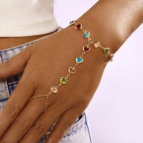 Colorful Minimalist Heart Glass Chain Connected Finger to Wrist Bracelet, Hand Chain Jewelry for Women in Kuwait