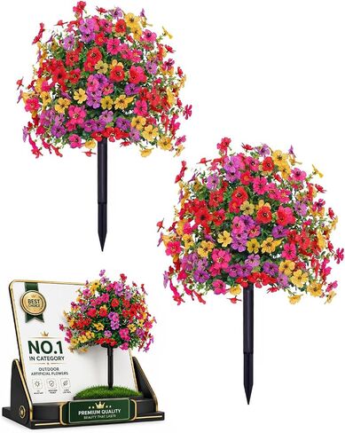 2 Pcs Artificial Flowers for Outdoors with Stakes Potted Trees Ground Fake Petunias Faux Outdoor UV Resistant Topiary Bushes Stake Petunia Planters Pots Bush Picks Fakeplants and Shrubs in Saudi Arabia