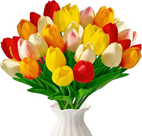 LUOKER Tulips Artificial Flowers, 15Pcs Fake Flowers, Real Touch PU Faux Tulip Bouquet with Stems,for Home Decor, Wedding, Party, Vase Arrangement, DIY Floral Crafts in Saudi Arabia