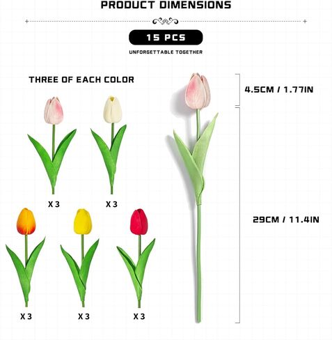 LUOKER Tulips Artificial Flowers, 15Pcs Fake Flowers, Real Touch PU Faux Tulip Bouquet with Stems,for Home Decor, Wedding, Party, Vase Arrangement, DIY Floral Crafts in Saudi Arabia