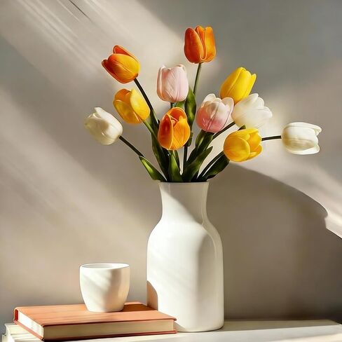LUOKER Tulips Artificial Flowers, 15Pcs Fake Flowers, Real Touch PU Faux Tulip Bouquet with Stems,for Home Decor, Wedding, Party, Vase Arrangement, DIY Floral Crafts in Saudi Arabia