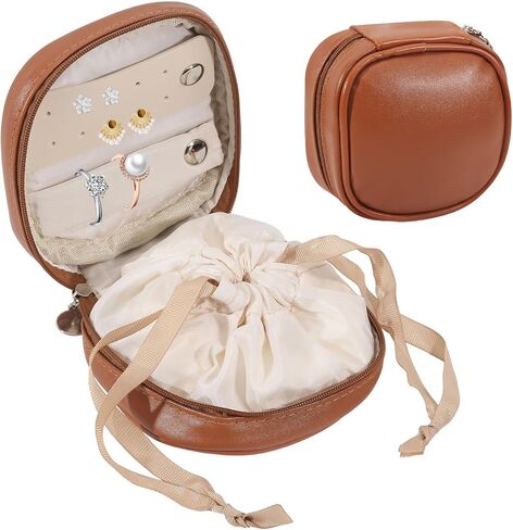 Travel Jewelry Bags PU Leather Jewelry Storage Zipper Bags Square Jewelry Organizer Bag for Women Travelling, 4.7x4.7inch, Brown in Saudi Arabia