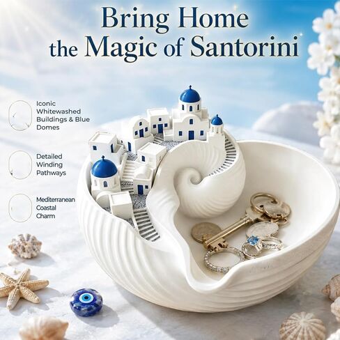 وعاء Santori-ni Catchall، وعاء Catchall مطبوع ثلاثي الأبعاد، منظم جميع الأدراج، منظم الجزيرة اليونانية للمفاتيح والعملات المعدنية والمجوهرات، وحامل حلية القرية المصغرة ذات القبة الزرقاء، منظمات ساحلية (قطعتان) in Kuwait