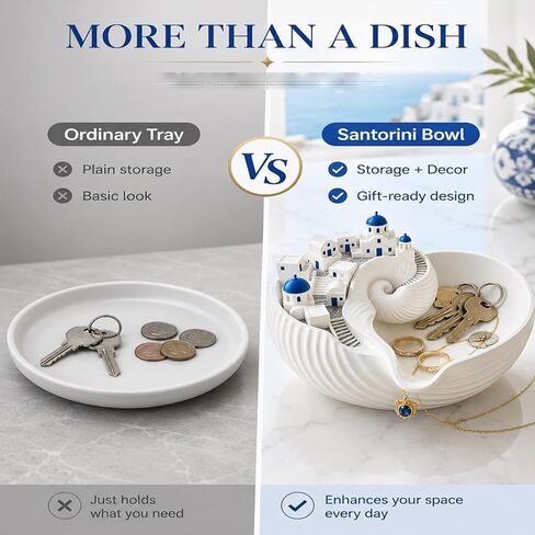 وعاء Santori-ni Catchall، وعاء Catchall مطبوع ثلاثي الأبعاد، منظم جميع الأدراج، منظم الجزيرة اليونانية للمفاتيح والعملات المعدنية والمجوهرات، وحامل حلية القرية المصغرة ذات القبة الزرقاء، منظمات ساحلية (قطعتان) in Kuwait