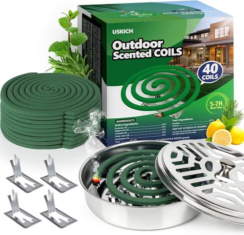 Natural Essential Oil Scented Coils for Outdoor Patio & Backyard, Fresh Long-Lasting Aroma, Each Coil Burns 5–7 Hours, Includes 40 Coils, 2 Holders & 4 Stands in Saudi Arabia