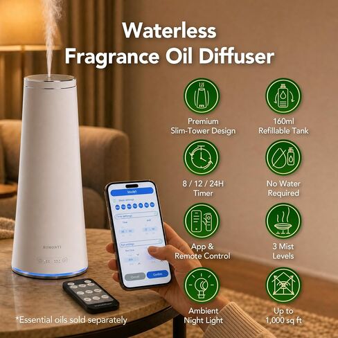 Waterless Essential Oil Diffuser for Home & Commercial Spaces, Smart App & Remote Control Cold-Air Nebulizing Diffuser, 160ml, Covers up to 1,500 sq ft, 8/12/24H Timer, Quiet 38dB in Saudi Arabia