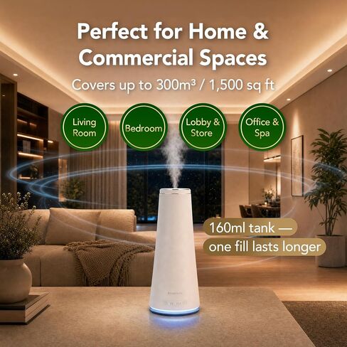 Waterless Essential Oil Diffuser for Home & Commercial Spaces, Smart App & Remote Control Cold-Air Nebulizing Diffuser, 160ml, Covers up to 1,500 sq ft, 8/12/24H Timer, Quiet 38dB in Saudi Arabia