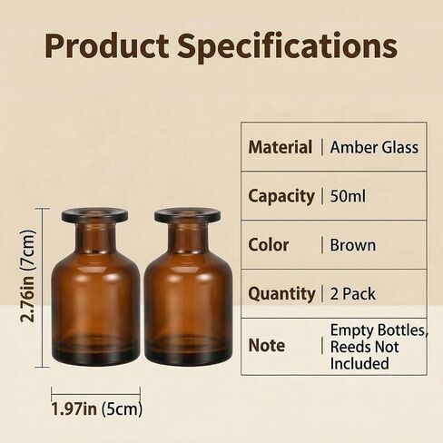 2 Pcs 50ml 1.7oz Glass Aromatherapy Diffuser Bottles Diffuser Jars Essential Oils Jar Containers Flower Bud Vases DIY Replacement Aromatherapy Diffuser Crafts Fragrance Accessories(Amber) in Kuwait
