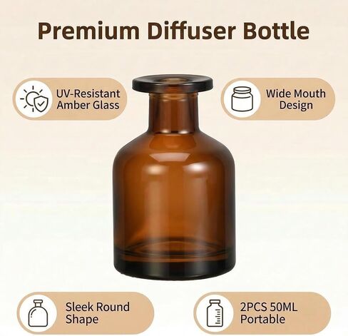 2 Pcs 50ml 1.7oz Glass Aromatherapy Diffuser Bottles Diffuser Jars Essential Oils Jar Containers Flower Bud Vases DIY Replacement Aromatherapy Diffuser Crafts Fragrance Accessories(Amber) in Kuwait