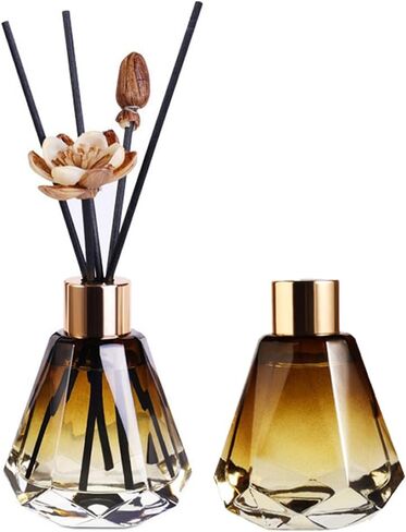 2Pcs 60ml/2oz Empty Refillable Amber Diamond Shape Glass Diffuser Bottle with Gold Lid Essential Incense Oil Diffuser Jars Fragrance Scent Diffuser for Home Office Shelf Decor (Exclude Sticks) in Kuwait