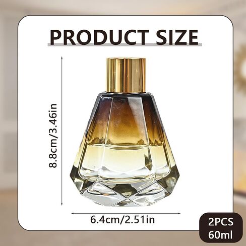 2Pcs 60ml/2oz Empty Refillable Amber Diamond Shape Glass Diffuser Bottle with Gold Lid Essential Incense Oil Diffuser Jars Fragrance Scent Diffuser for Home Office Shelf Decor (Exclude Sticks) in Kuwait