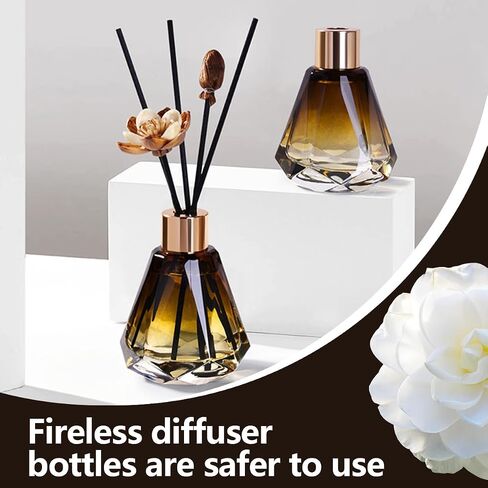 2Pcs 60ml/2oz Empty Refillable Amber Diamond Shape Glass Diffuser Bottle with Gold Lid Essential Incense Oil Diffuser Jars Fragrance Scent Diffuser for Home Office Shelf Decor (Exclude Sticks) in Kuwait