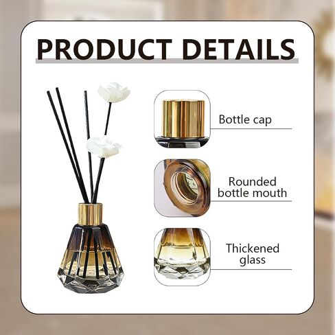 2Pcs 60ml/2oz Empty Refillable Amber Diamond Shape Glass Diffuser Bottle with Gold Lid Essential Incense Oil Diffuser Jars Fragrance Scent Diffuser for Home Office Shelf Decor (Exclude Sticks) in Kuwait